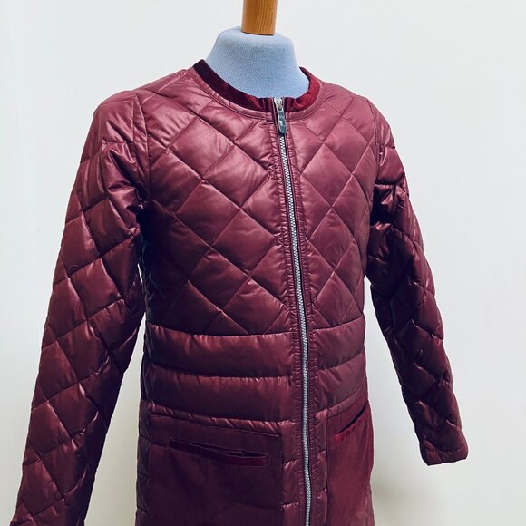 Lole Down Mid Length Quilted Coat Velvet Trim Puffer Burgundy NWOT - Picture 2 of 11